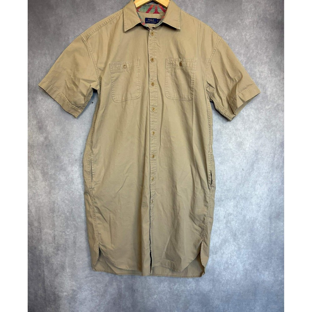 Polo Ralph Lauren Khaki Cotton Short Sleeve Shirt Dress Southwestern Collar 10